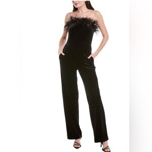 Liv Foster Stretch Velvet Strapless black Jumpsuit with Feather Detail size 4